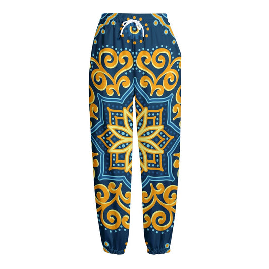 Blue And Gold Bohemian Mandala Print Fleece Lined Knit Pants
