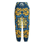 Blue And Gold Bohemian Mandala Print Fleece Lined Knit Pants