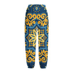 Blue And Gold Bohemian Mandala Print Fleece Lined Knit Pants