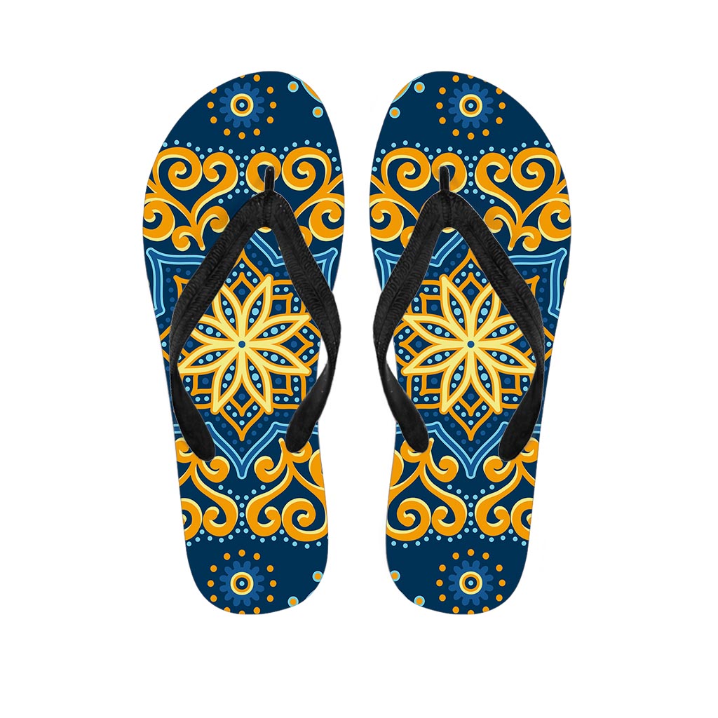 Blue And Gold Bohemian Mandala Print Flip Flops