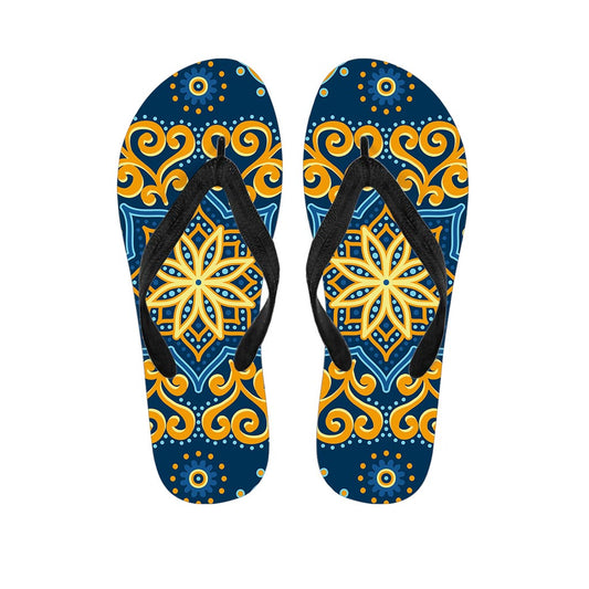 Blue And Gold Bohemian Mandala Print Flip Flops