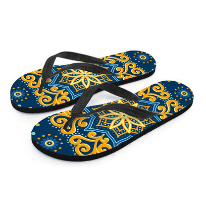 Blue And Gold Bohemian Mandala Print Flip Flops