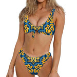 Blue And Gold Bohemian Mandala Print Front Bow Tie Bikini