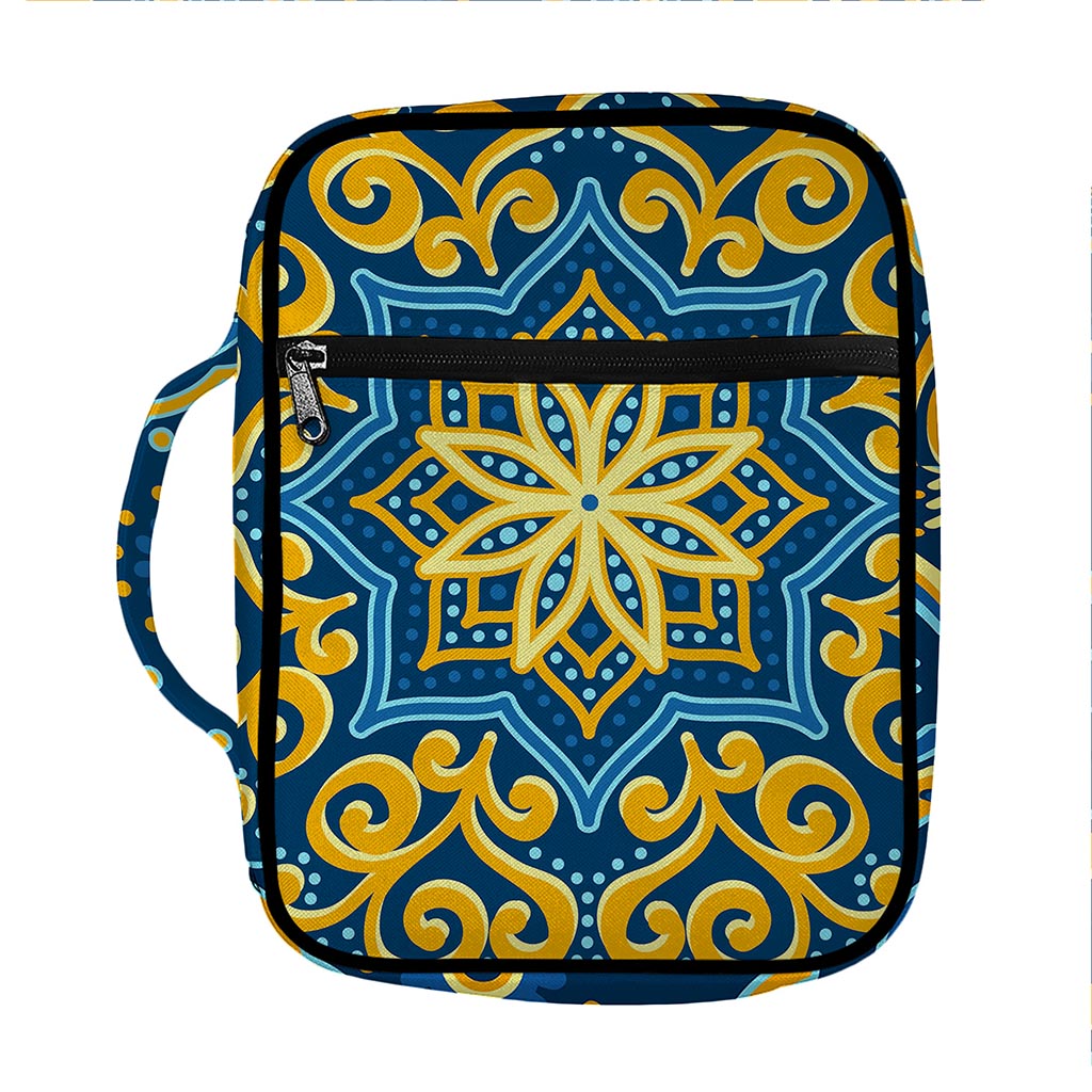 Blue And Gold Bohemian Mandala Print Front Pocket Bible Bag