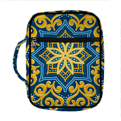 Blue And Gold Bohemian Mandala Print Front Pocket Bible Bag