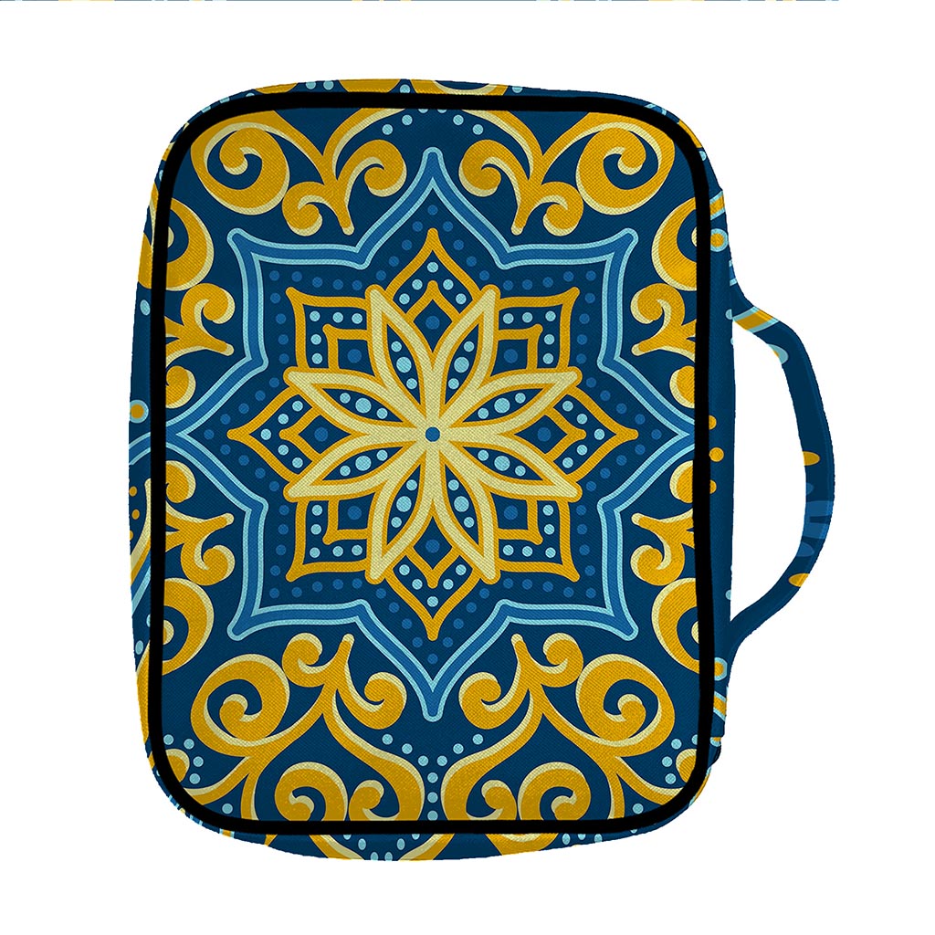 Blue And Gold Bohemian Mandala Print Front Pocket Bible Bag