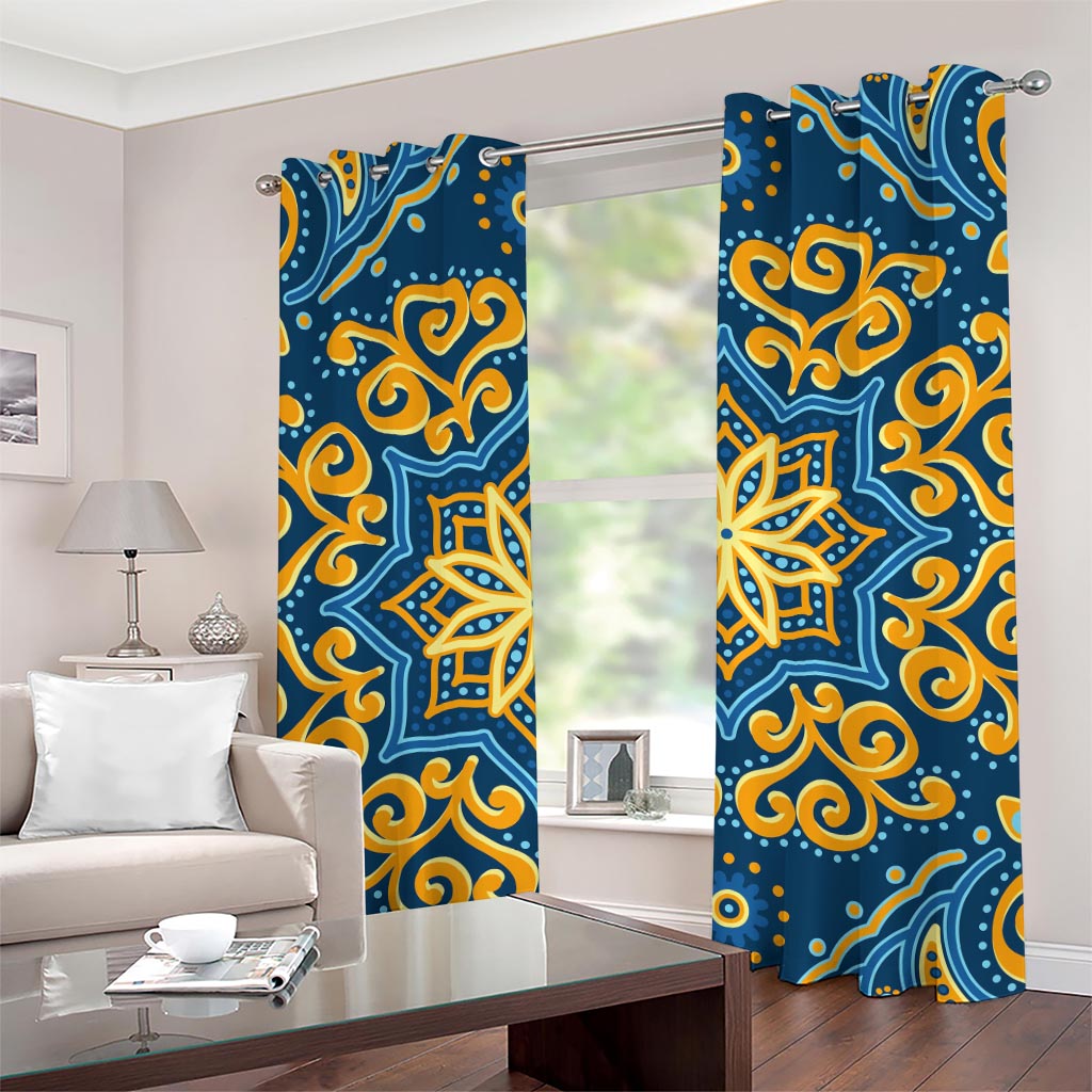 Blue And Gold Bohemian Mandala Print Grommet Curtains
