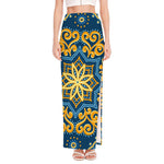 Blue And Gold Bohemian Mandala Print High Slit Maxi Skirt