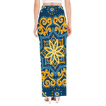 Blue And Gold Bohemian Mandala Print High Slit Maxi Skirt