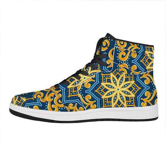 Blue And Gold Bohemian Mandala Print High Top Leather Sneakers
