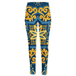 Blue And Gold Bohemian Mandala Print High-Waisted Pocket Leggings