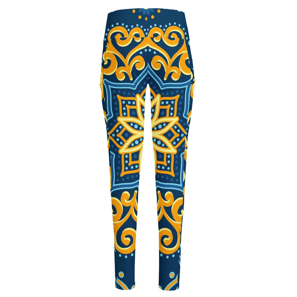 Blue And Gold Bohemian Mandala Print High-Waisted Pocket Leggings