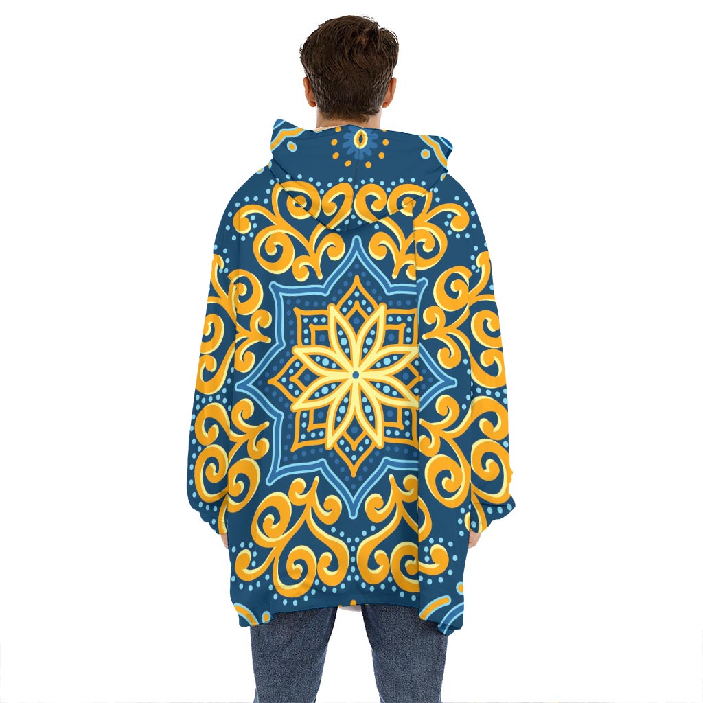 Blue And Gold Bohemian Mandala Print Hoodie Blanket