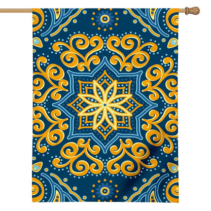 Blue And Gold Bohemian Mandala Print House Flag