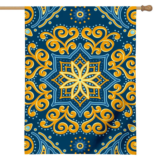 Blue And Gold Bohemian Mandala Print House Flag