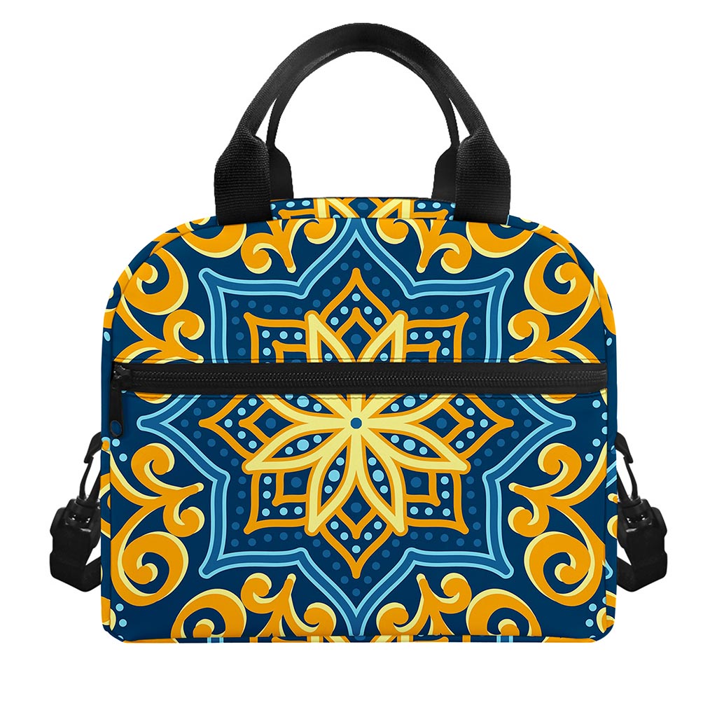 Blue And Gold Bohemian Mandala Print Insulated Lunch Bag