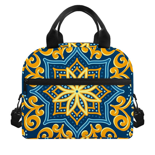 Blue And Gold Bohemian Mandala Print Insulated Lunch Bag