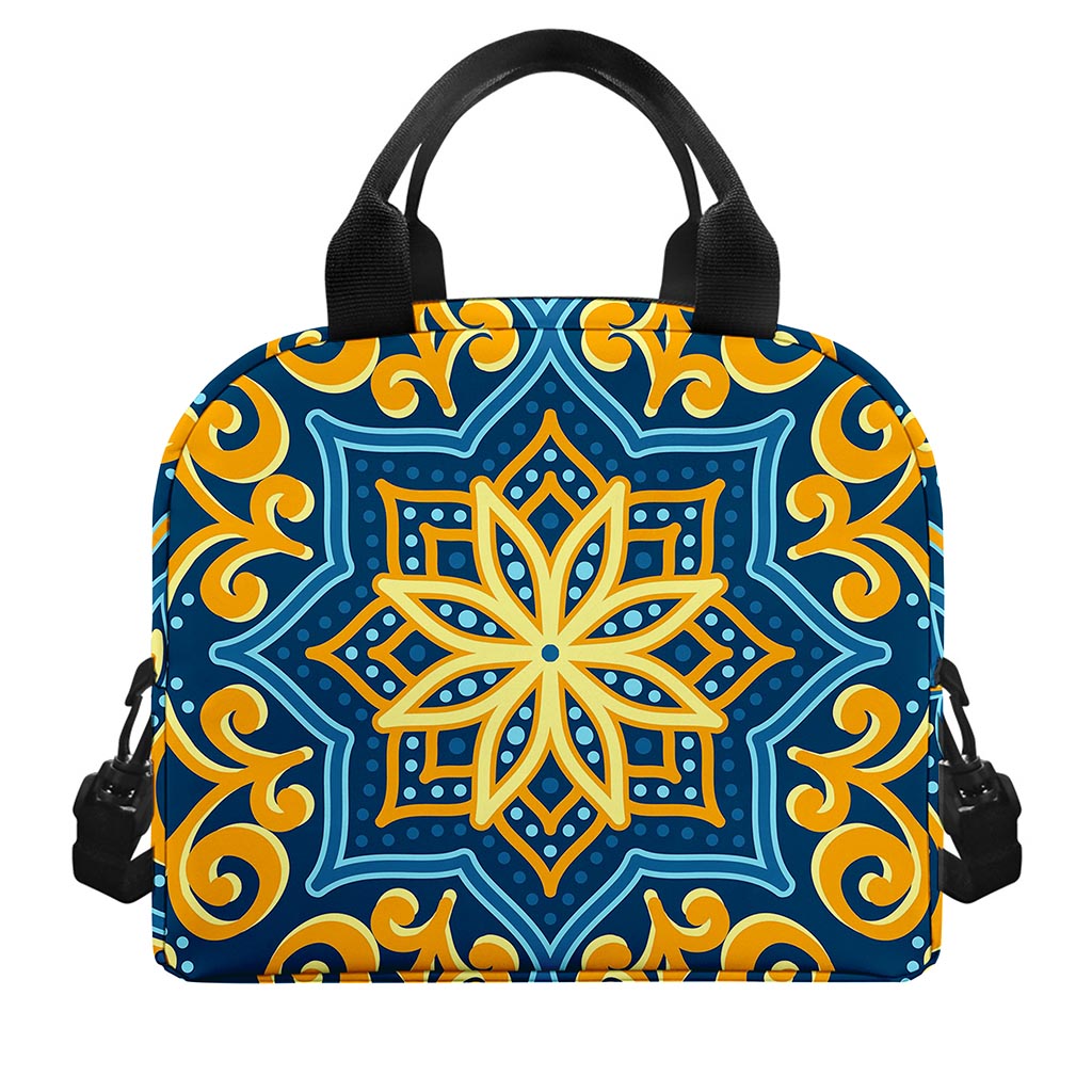 Blue And Gold Bohemian Mandala Print Insulated Lunch Bag