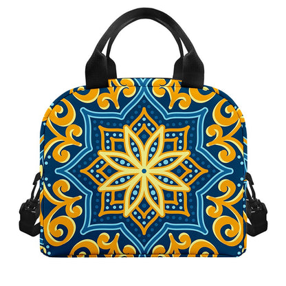 Blue And Gold Bohemian Mandala Print Insulated Lunch Bag