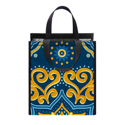 Blue And Gold Bohemian Mandala Print Insulated Lunch Tote