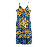 Blue And Gold Bohemian Mandala Print Jersey Midi Cami Dress