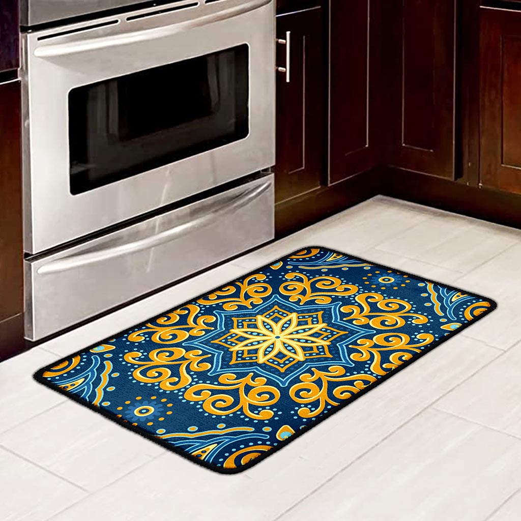 Blue And Gold Bohemian Mandala Print Kitchen Mat