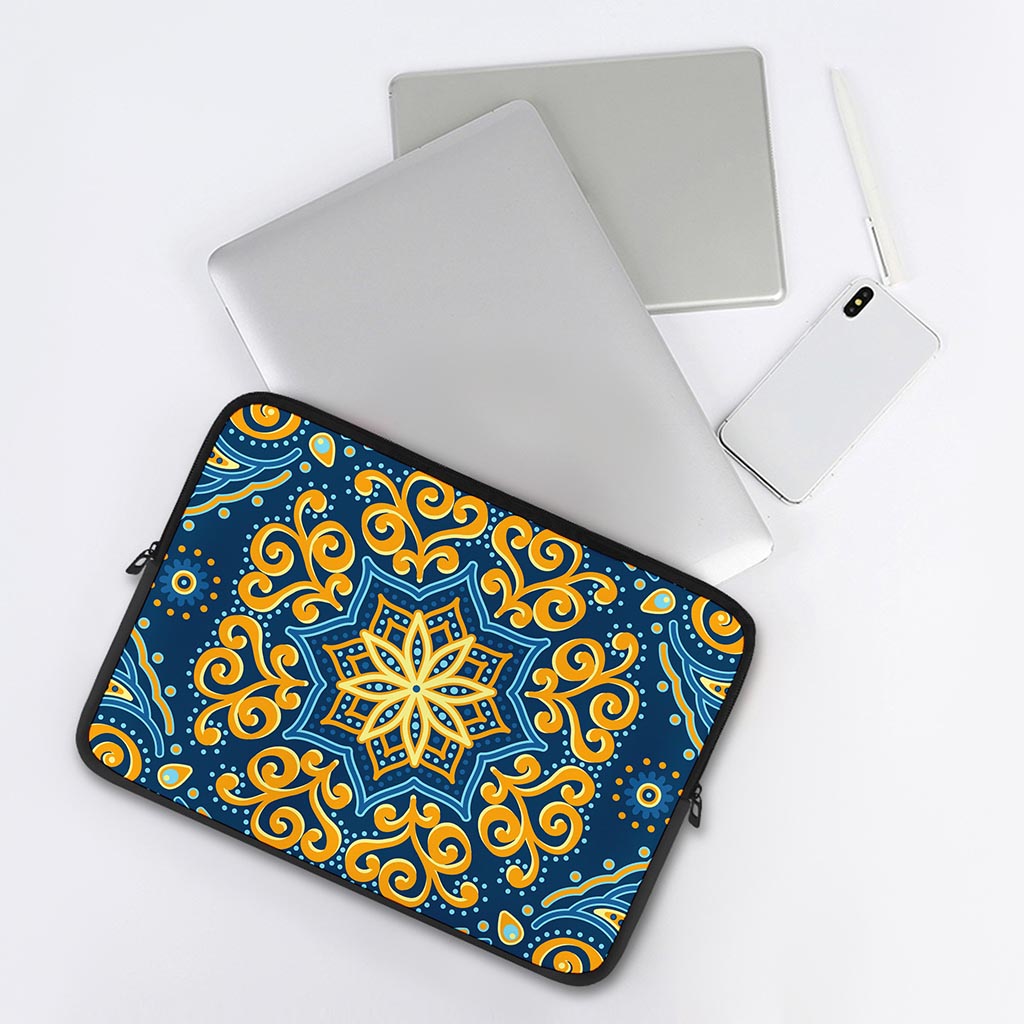 Blue And Gold Bohemian Mandala Print Laptop Sleeve