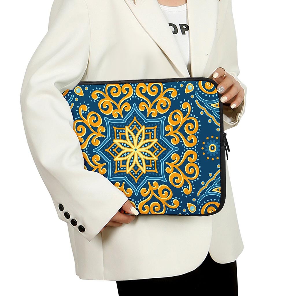 Blue And Gold Bohemian Mandala Print Laptop Sleeve
