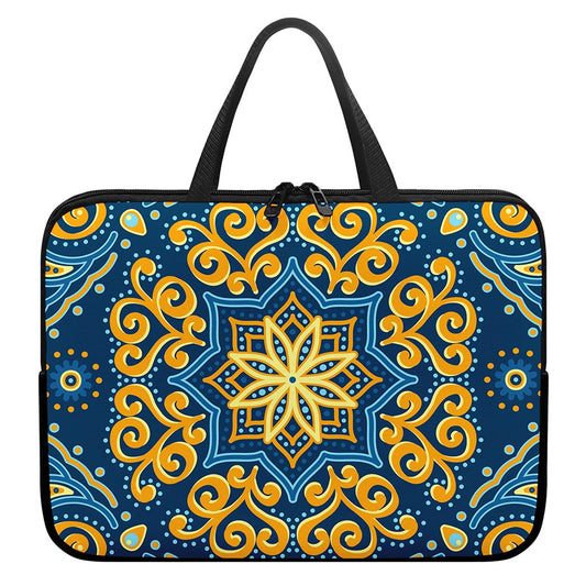Blue And Gold Bohemian Mandala Print Laptop Sleeve With Handle