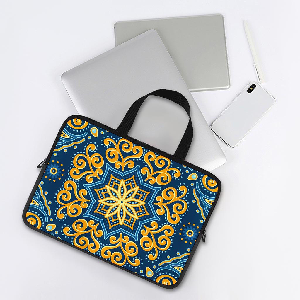 Blue And Gold Bohemian Mandala Print Laptop Sleeve With Handle