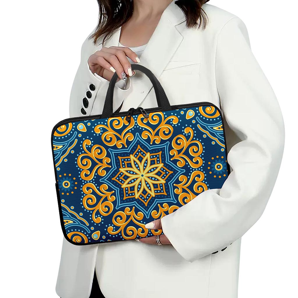 Blue And Gold Bohemian Mandala Print Laptop Sleeve With Handle