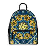 Blue And Gold Bohemian Mandala Print Leather Backpack