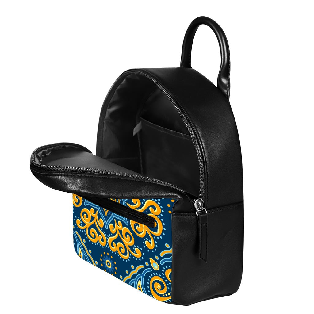Blue And Gold Bohemian Mandala Print Leather Backpack