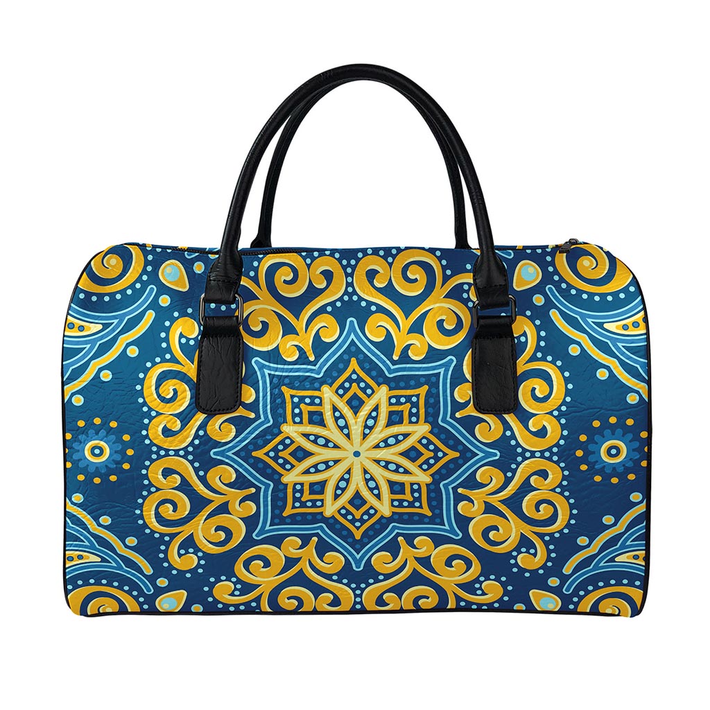 Blue And Gold Bohemian Mandala Print Leather Duffle Bag