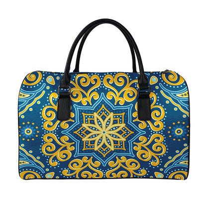 Blue And Gold Bohemian Mandala Print Leather Duffle Bag
