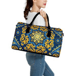 Blue And Gold Bohemian Mandala Print Leather Duffle Bag