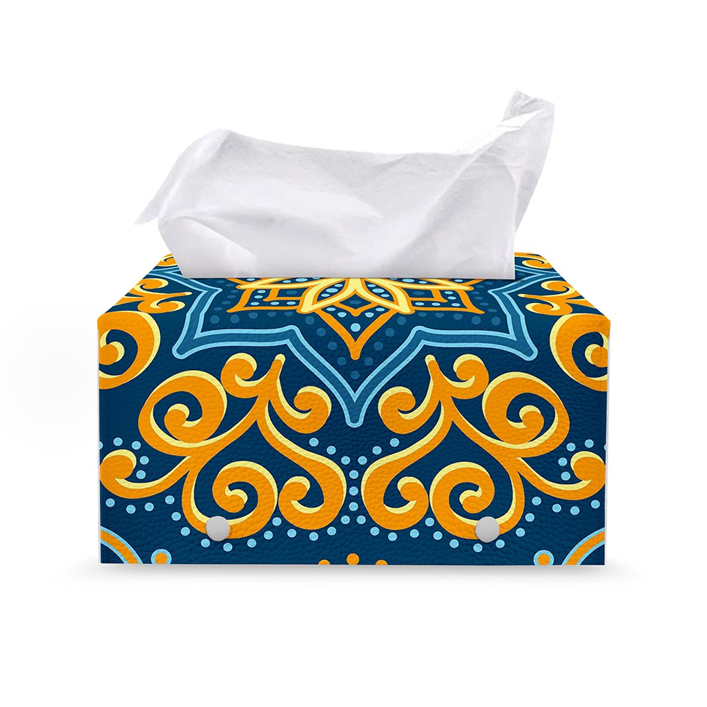 Blue And Gold Bohemian Mandala Print Leather Tissue Box Cover