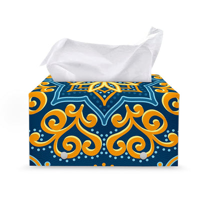 Blue And Gold Bohemian Mandala Print Leather Tissue Box Cover