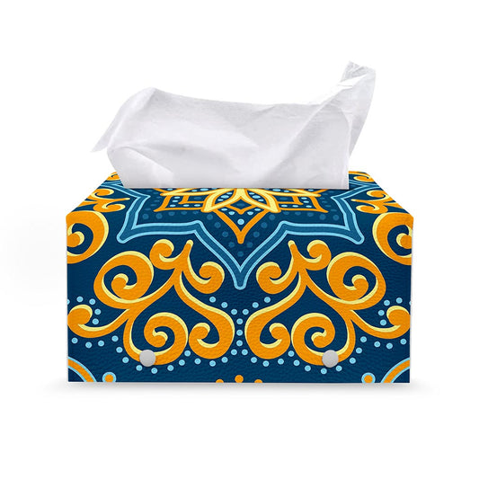 Blue And Gold Bohemian Mandala Print Leather Tissue Box Cover