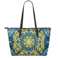 Blue And Gold Bohemian Mandala Print Leather Tote Bag With Zipper