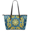 Blue And Gold Bohemian Mandala Print Leather Tote Bag