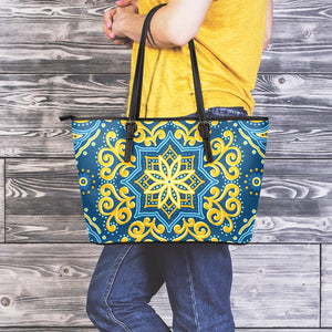 Blue And Gold Bohemian Mandala Print Leather Tote Bag