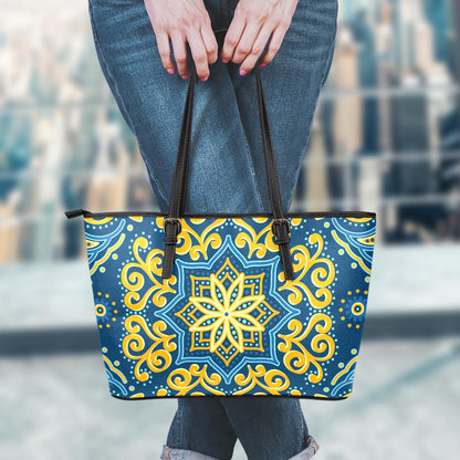 Blue And Gold Bohemian Mandala Print Leather Tote Bag