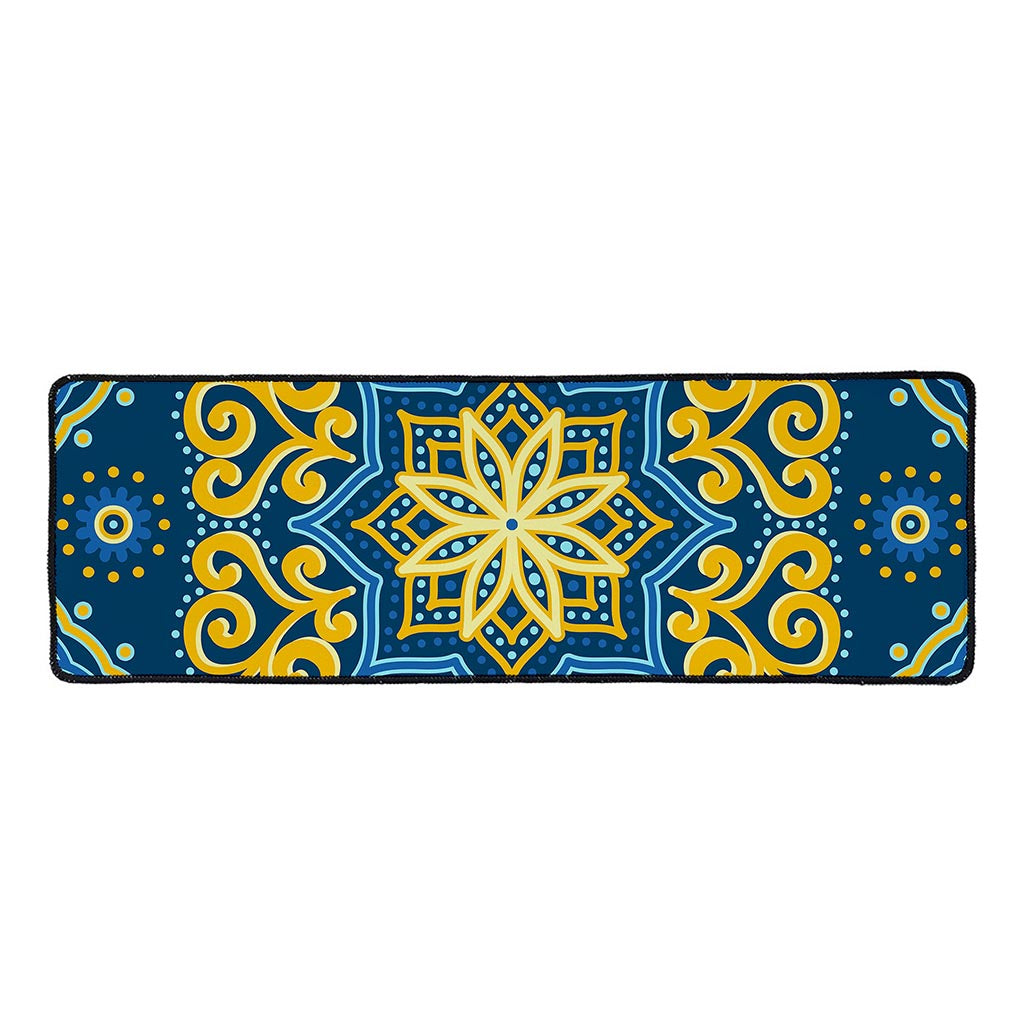 Blue And Gold Bohemian Mandala Print Long Kitchen Mat