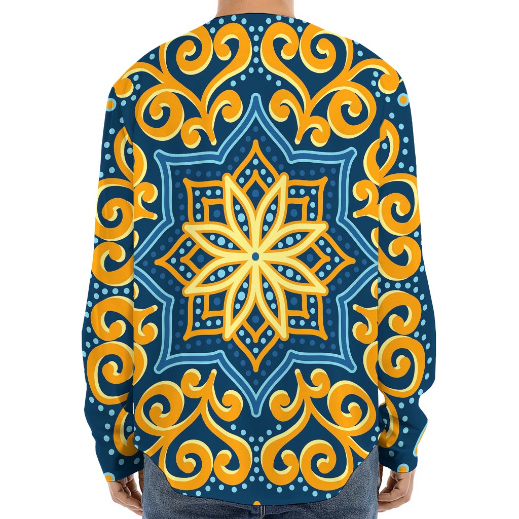 Blue And Gold Bohemian Mandala Print Long Sleeve Baseball Jersey