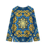 Blue And Gold Bohemian Mandala Print Long Sleeve Short Coat