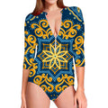 Blue And Gold Bohemian Mandala Print Long Sleeve Swimsuit