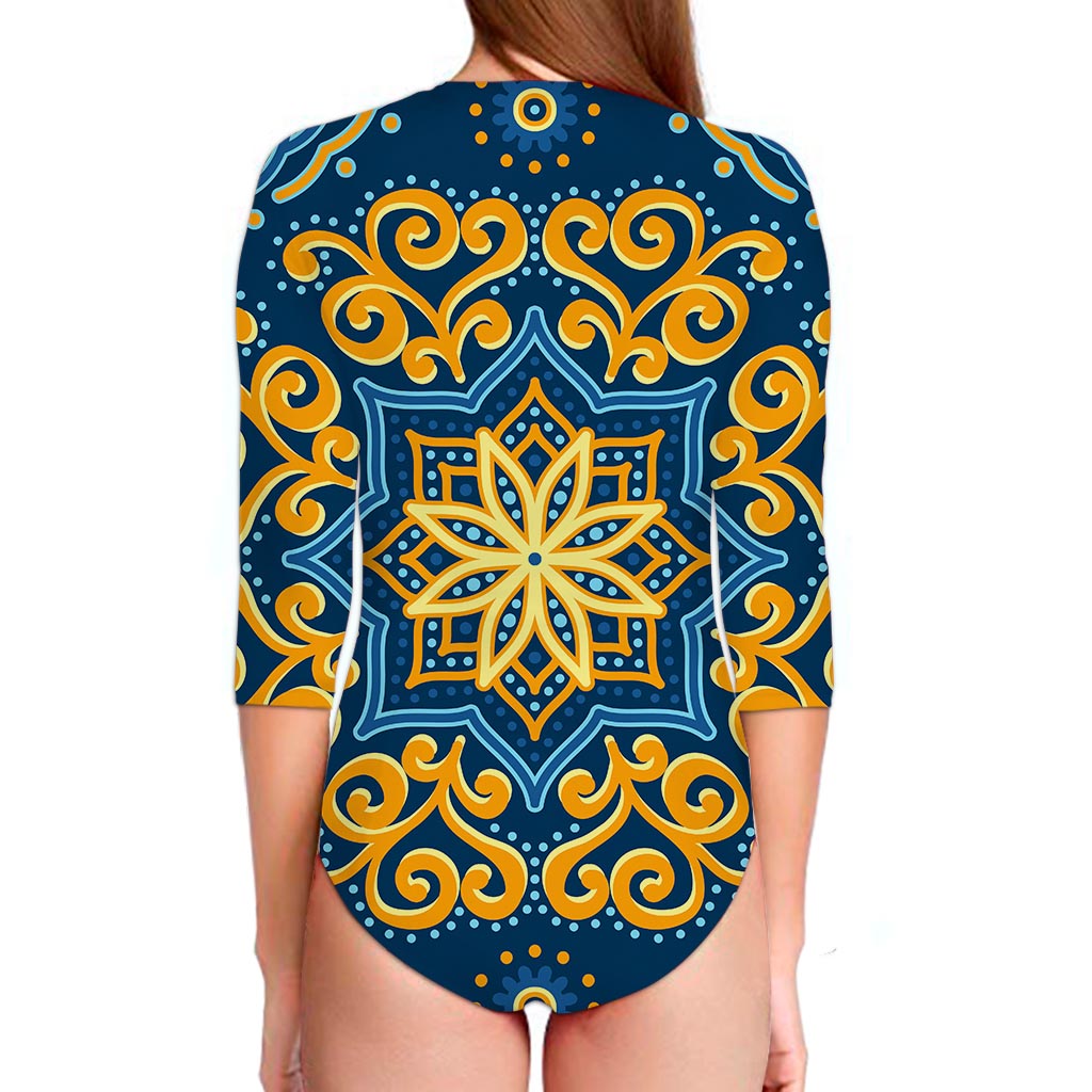 Blue And Gold Bohemian Mandala Print Long Sleeve Swimsuit