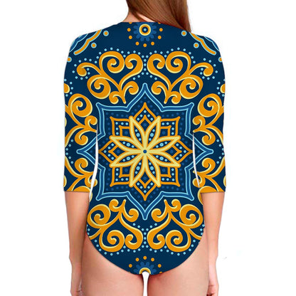 Blue And Gold Bohemian Mandala Print Long Sleeve Swimsuit
