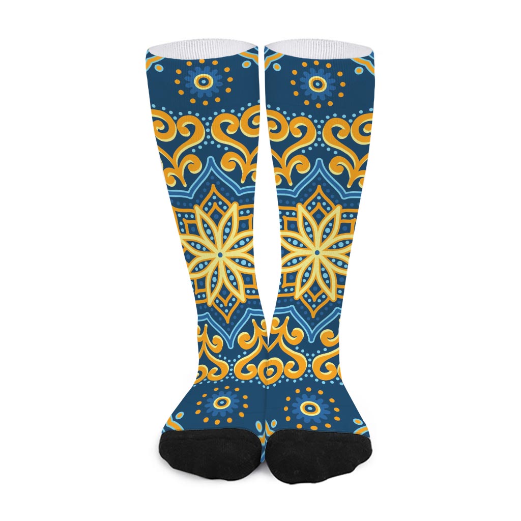 Blue And Gold Bohemian Mandala Print Long Socks